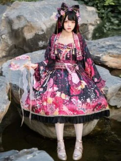 Japanese Style Lolita Dress 3-Piece Set Floral Print Sleeveless Bowknot Kimono Lolita Outfits -AYA Cosplay Shop 202204141346212318678