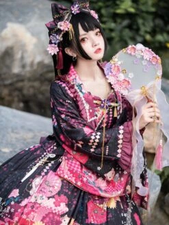 Japanese Style Lolita Dress 3-Piece Set Floral Print Sleeveless Bowknot Kimono Lolita Outfits -AYA Cosplay Shop 202204141346233915210