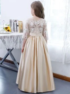 Champagne Flower Girl Dress Lace Jewel Neck Half Sleeves Kids Birthday Party Dresses -AYA Cosplay Shop 202204191817492924217