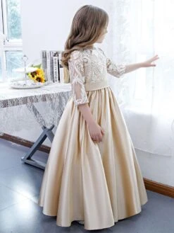 Champagne Flower Girl Dress Lace Jewel Neck Half Sleeves Kids Birthday Party Dresses -AYA Cosplay Shop 202204191817515644572