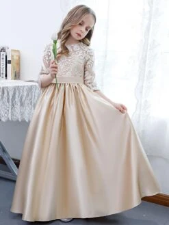Champagne Flower Girl Dress Lace Jewel Neck Half Sleeves Kids Birthday Party Dresses -AYA Cosplay Shop 202204191817521211040