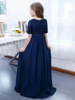 Dark Navy Flower Girl Dress Chiffon Lace V-Neck Short Sleeves Kids Birthday Party Dresses -AYA Cosplay Shop 202204201452143153569