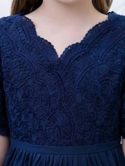 Dark Navy Flower Girl Dress Chiffon Lace V-Neck Short Sleeves Kids Birthday Party Dresses -AYA Cosplay Shop 202204201452146436319
