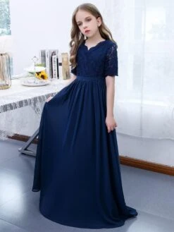 Dark Navy Flower Girl Dress Chiffon Lace V-Neck Short Sleeves Kids Birthday Party Dresses -AYA Cosplay Shop 202204201452149927921