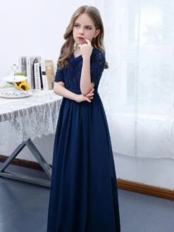 Dark Navy Flower Girl Dress Chiffon Lace V-Neck Short Sleeves Kids Birthday Party Dresses -AYA Cosplay Shop 20220420145215658144