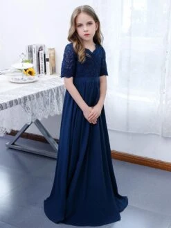 Dark Navy Flower Girl Dress Chiffon Lace V-Neck Short Sleeves Kids Birthday Party Dresses -AYA Cosplay Shop 202204201452159988519