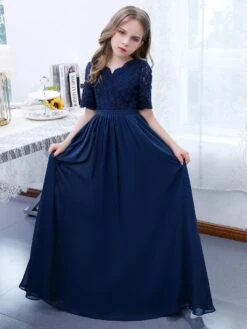 Dark Navy Flower Girl Dress Chiffon Lace V-Neck Short Sleeves Kids Birthday Party Dresses -AYA Cosplay Shop 202204201452163141995