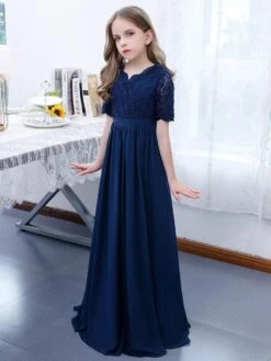 Dark Navy Flower Girl Dress Chiffon Lace V-Neck Short Sleeves Kids Birthday Party Dresses -AYA Cosplay Shop 202204201452166208452