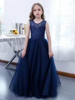 Dark Navy Flower Girl Dress Lace Jewel Neck Sleeveless Kids Birthday Party Dresses