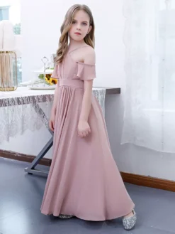 Cameo Pink Flower Girl Dress Chiffon Pleated Off-The-Shoulder Sleeveless Kids Birthday Party Dresses -AYA Cosplay Shop 202204201452300199808
