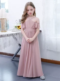 Cameo Pink Flower Girl Dress Chiffon Pleated Off-The-Shoulder Sleeveless Kids Birthday Party Dresses -AYA Cosplay Shop 202204201452303273444