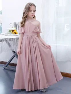 Cameo Pink Flower Girl Dress Chiffon Pleated Off-The-Shoulder Sleeveless Kids Birthday Party Dresses
