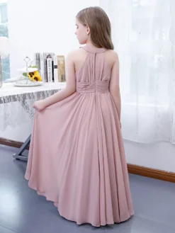 Lotus Pink Flower Girl Dress Chiffon Pleated Halter Sleeveless Kids Birthday Party Dresses -AYA Cosplay Shop 202204201452313376063