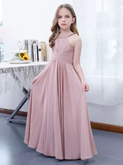 Lotus Pink Flower Girl Dress Chiffon Pleated Halter Sleeveless Kids Birthday Party Dresses -AYA Cosplay Shop 202204201452323318355