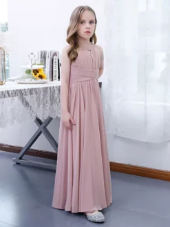 Lotus Pink Flower Girl Dress Chiffon Pleated Halter Sleeveless Kids Birthday Party Dresses -AYA Cosplay Shop 202204201452327847257