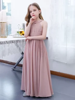 Lotus Pink Flower Girl Dress Chiffon Pleated Halter Sleeveless Kids Birthday Party Dresses -AYA Cosplay Shop 202204201452331288471