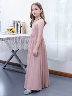 Lotus Pink Flower Girl Dress Chiffon Pleated Halter Sleeveless Kids Birthday Party Dresses -AYA Cosplay Shop 202204201452337545048