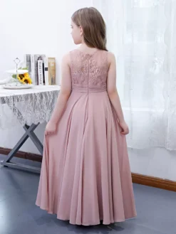 Pink Flower Girl Dress Chiffon Lace Jewel Neck Sleeveless Lotus Kids Birthday Party Dresses -AYA Cosplay Shop 202204201452340907336