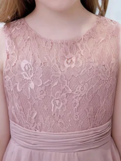 Pink Flower Girl Dress Chiffon Lace Jewel Neck Sleeveless Lotus Kids Birthday Party Dresses -AYA Cosplay Shop 202204201452347833610