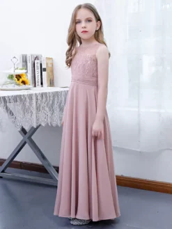 Pink Flower Girl Dress Chiffon Lace Jewel Neck Sleeveless Lotus Kids Birthday Party Dresses -AYA Cosplay Shop 202204201452351902066