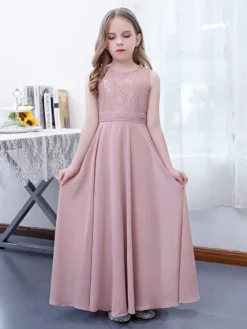 Pink Flower Girl Dress Chiffon Lace Jewel Neck Sleeveless Lotus Kids Birthday Party Dresses -AYA Cosplay Shop 202204201452355138855