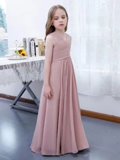 Lotus Pink Flower Girl Dress Chiffon Pleated V-Neck Sleeveless Kids Birthday Party Dresses -AYA Cosplay Shop 202204201452419228793