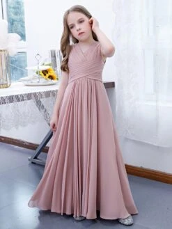Lotus Pink Flower Girl Dress Chiffon Pleated V-Neck Sleeveless Kids Birthday Party Dresses -AYA Cosplay Shop 20220420145242352608