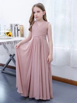 Lotus Pink Flower Girl Dress Chiffon Pleated V-Neck Sleeveless Kids Birthday Party Dresses -AYA Cosplay Shop 202204201452429938333