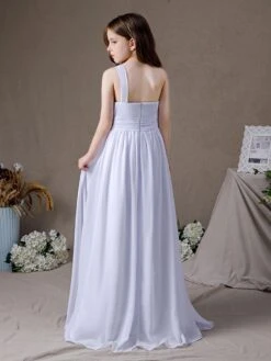White Flower Girl Dress Chiffon Pleated One-Shoulder Sleeveless Kids Birthday Party Dresses -AYA Cosplay Shop 202204201452472648408