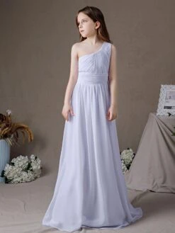 White Flower Girl Dress Chiffon Pleated One-Shoulder Sleeveless Kids Birthday Party Dresses -AYA Cosplay Shop 202204201452484343162