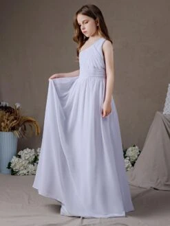 White Flower Girl Dress Chiffon Pleated One-Shoulder Sleeveless Kids Birthday Party Dresses -AYA Cosplay Shop 202204201452487543919