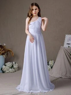 White Flower Girl Dress Chiffon Pleated One-Shoulder Sleeveless Kids Birthday Party Dresses -AYA Cosplay Shop 202204201452499674809