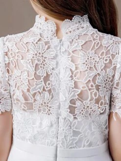 Ivory Flower Girl Dress Chiffon Lace Jewel Neck Short Sleeves Kids Birthday Party Dresses -AYA Cosplay Shop 202204201452565854268