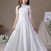 Ivory Flower Girl Dress Chiffon Lace Jewel Neck Short Sleeves Kids Birthday Party Dresses -AYA Cosplay Shop 202204201452573749654