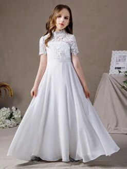 Ivory Flower Girl Dress Chiffon Lace Jewel Neck Short Sleeves Kids Birthday Party Dresses