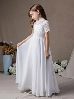 Ivory Flower Girl Dress Chiffon Lace Jewel Neck Short Sleeves Kids Birthday Party Dresses -AYA Cosplay Shop 202204201452585003643