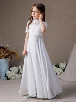 Ivory Flower Girl Dress Chiffon Lace Jewel Neck Short Sleeves Kids Birthday Party Dresses -AYA Cosplay Shop 202204201452588381281