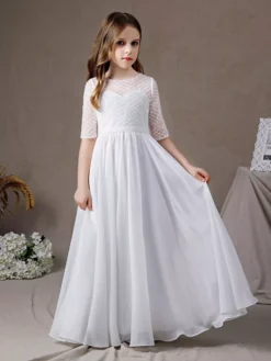 Ivory Flower Girl Dress Lace Jewel Neck Half Sleeves Kids Birthday Party Dresses