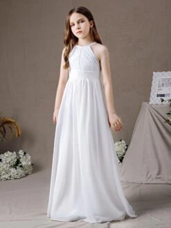 Ivory Flower Girl Dress Chiffon Cut Out Halter Sleeveless Kids Birthday Party Dresses