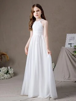 Ivory Flower Girl Dress Chiffon Cut Out Halter Sleeveless Kids Birthday Party Dresses -AYA Cosplay Shop 202204201453079689019