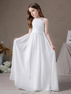 Ivory Flower Girl Dress Chiffon Cut Out Halter Sleeveless Kids Birthday Party Dresses -AYA Cosplay Shop 202204201453083193366