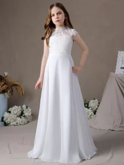 Ivory Flower Girl Dress Lace Jewel Neck Short Sleeves Kids Birthday Party Dresses