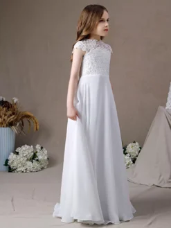 Ivory Flower Girl Dress Lace Jewel Neck Short Sleeves Kids Birthday Party Dresses -AYA Cosplay Shop 202204201453135401159