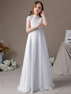 Ivory Flower Girl Dress Lace Jewel Neck Short Sleeves Kids Birthday Party Dresses -AYA Cosplay Shop 202204201453138866086