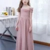 Lotus Pink Flower Girl Dress Chiffon Pleated Off-The-Shoulder Short Sleeves Kids Birthday Party Dresses -AYA Cosplay Shop 202204201453325183201