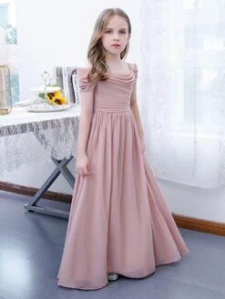 Lotus Pink Flower Girl Dress Chiffon Pleated Off-The-Shoulder Short Sleeves Kids Birthday Party Dresses -AYA Cosplay Shop 202204201453328811479