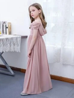 Lotus Pink Flower Girl Dress Chiffon Pleated Off-The-Shoulder Short Sleeves Kids Birthday Party Dresses -AYA Cosplay Shop 202204201453332128727