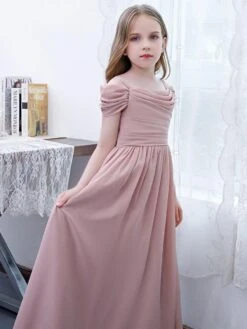 Lotus Pink Flower Girl Dress Chiffon Pleated Off-The-Shoulder Short Sleeves Kids Birthday Party Dresses -AYA Cosplay Shop 202204201453338628114