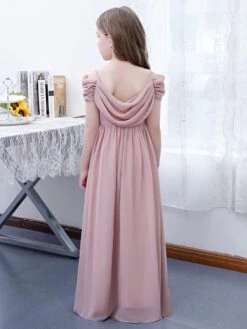 Lotus Pink Flower Girl Dress Chiffon Pleated Off-The-Shoulder Short Sleeves Kids Birthday Party Dresses -AYA Cosplay Shop 202204201453345109200