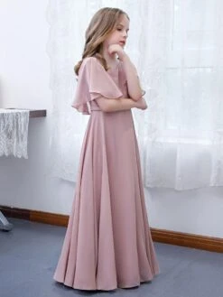 Lotus Pink Flower Girl Dress Chiffon Ruffles V-Neck Short Sleeves Kids Birthday Party Dresses -AYA Cosplay Shop 202204201453351831506